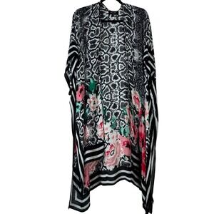 Marcus Adler Women Kimono Black White Floral Snake Print Open Front Cover Up